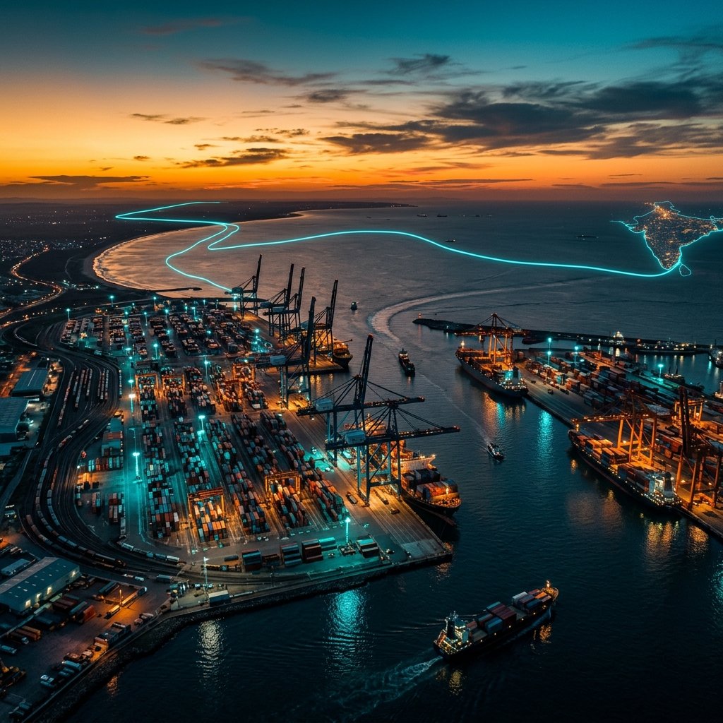 Aerial view of a modern African shipping port at dusk — MGlobal Impex, your dedicated African market sourcing partner connecting India to Africa
